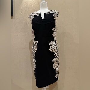 London Dress Co Black sheath dress with cream lace detail, EUC, Size 14
